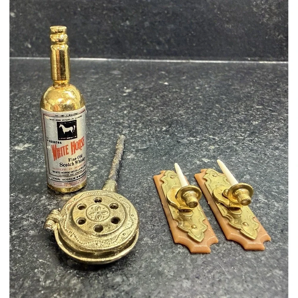 Vtg Dollhouse Miniatures Lot Brass Candle Sconces Cooking Utensil Scotch Bottle